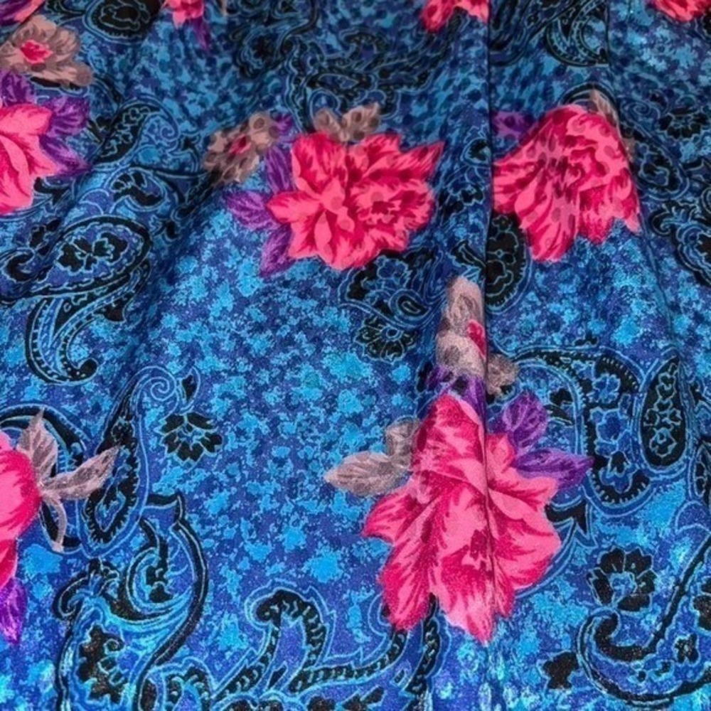 Vintage Teal Blue Pink Floral Paisley Midi Skirt High Waisted A-Line Boho M - Picture 4 of 5